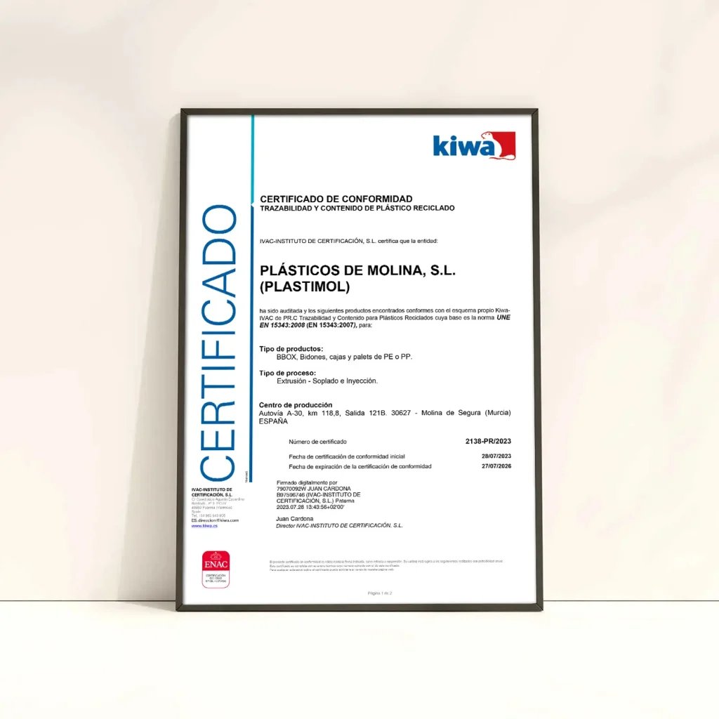 CERTIFICADO DE CONFORMIDAD TRAZABILIDAD Y CONTENIDO DE PLÁSTICO RECICLADO